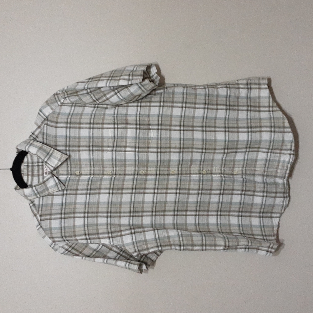 Merona men's casual button down plaid short sleeves shirt size L linen blend